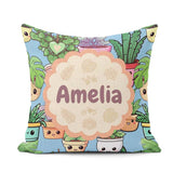 Custom Name Cute Kawaii Indoor Plants Blue Seamless Pattern Name Square Filled Cushion Throw Pillow Sofa Bed Home Decor Zip Washable UK Made