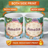 Personalized Custom Name Cute Kawaii Indoor Plants Blue Background Seamless Pattern Name 11oz Ceramic Coffee Tea Mug White Large Handle