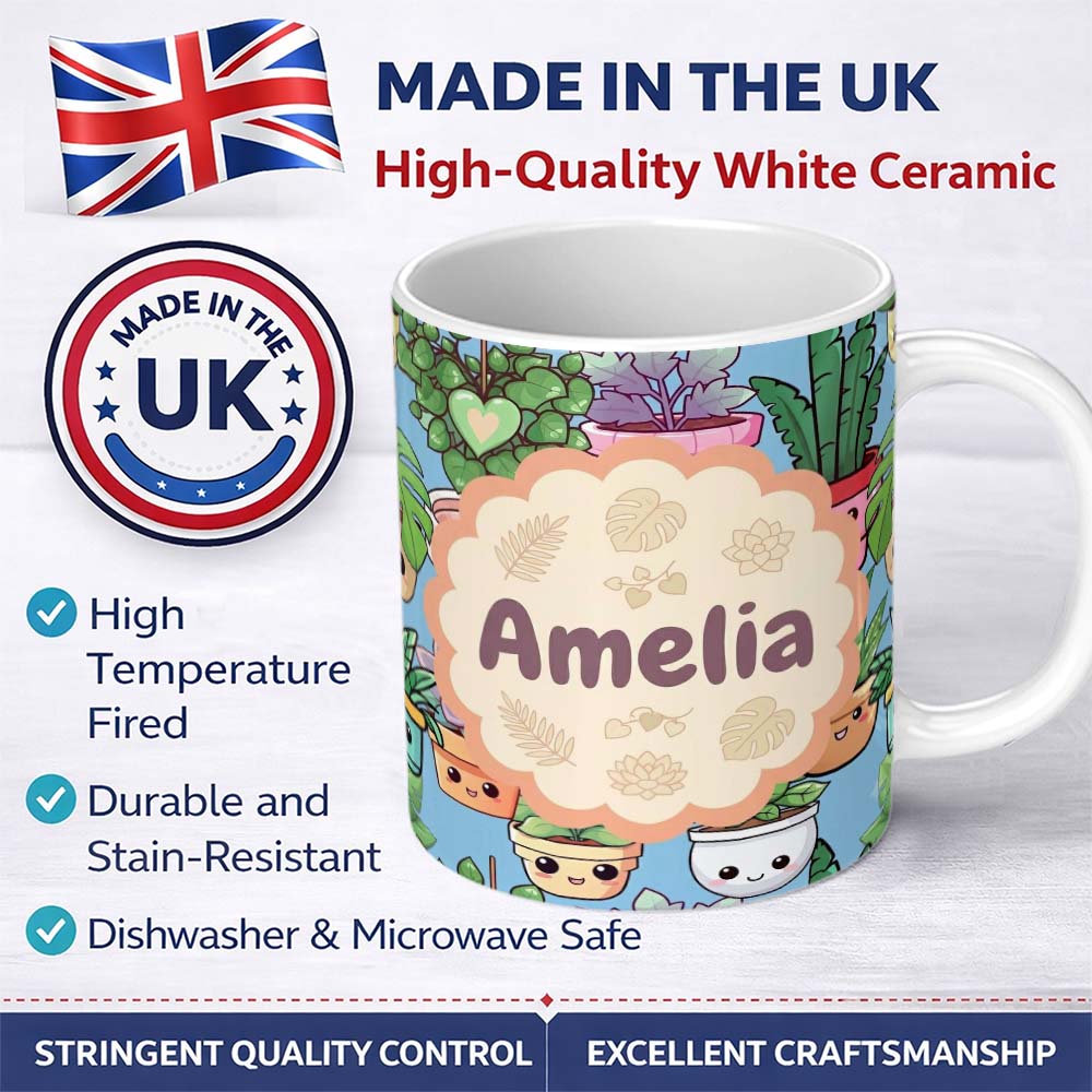 Personalized Custom Name Cute Kawaii Indoor Plants Blue Background Seamless Pattern Name 11oz Ceramic Coffee Tea Mug White Large Handle