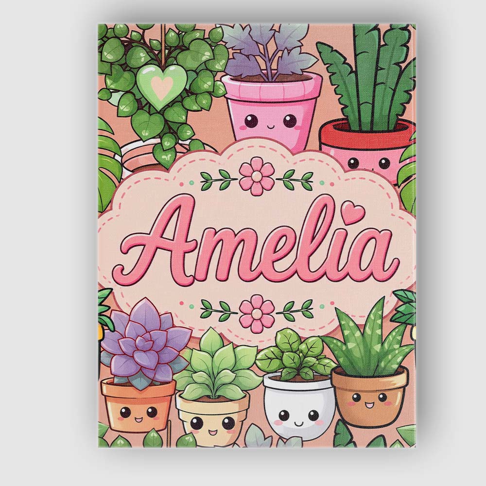 Personalised Name Cute Kawaii Indoor Plants Custom  Bespoke Interior Contemporary Canvas Wall Art Print Decor Picture Ready to Hang
