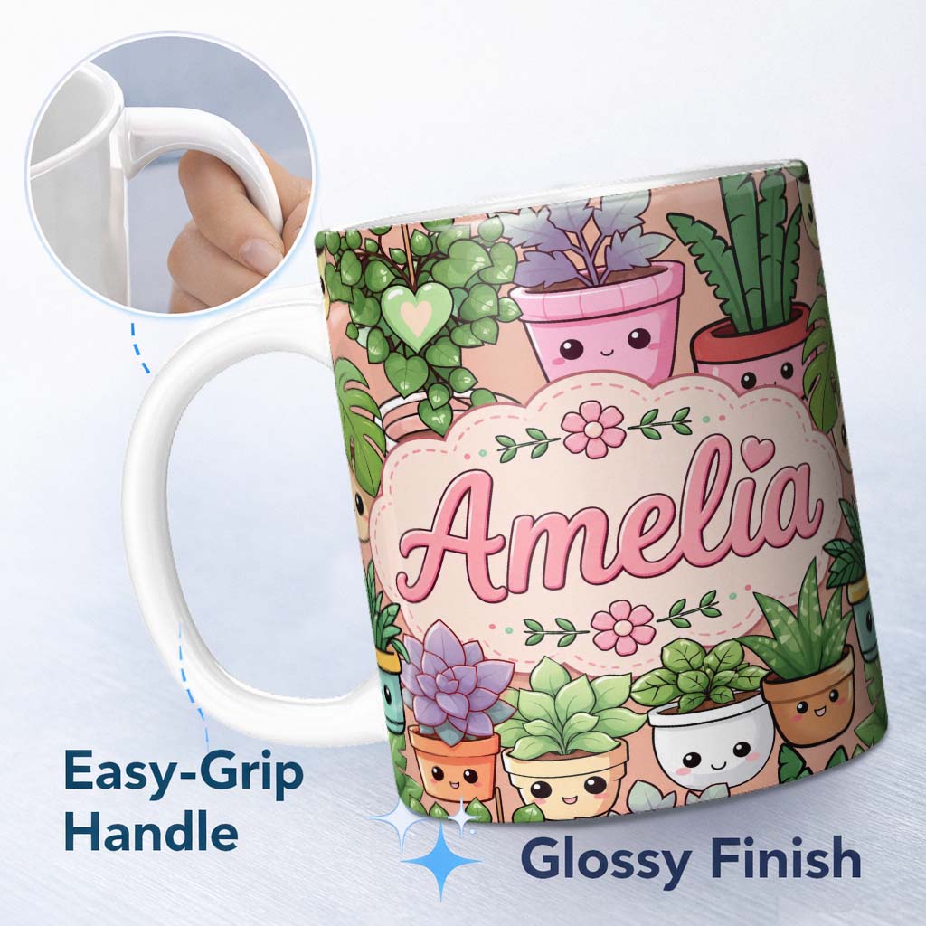Personalized Custom Name Cute Kawaii Indoor Plants Beige Background Seamless Pattern Name 11oz Ceramic Coffee Tea Mug White Large Handle