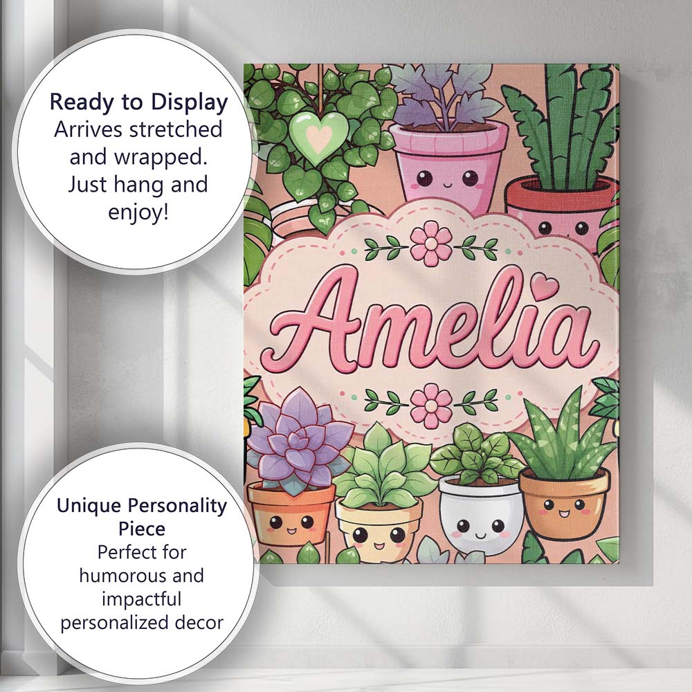 Personalised Name Cute Kawaii Indoor Plants Custom  Bespoke Interior Contemporary Canvas Wall Art Print Decor Picture Ready to Hang