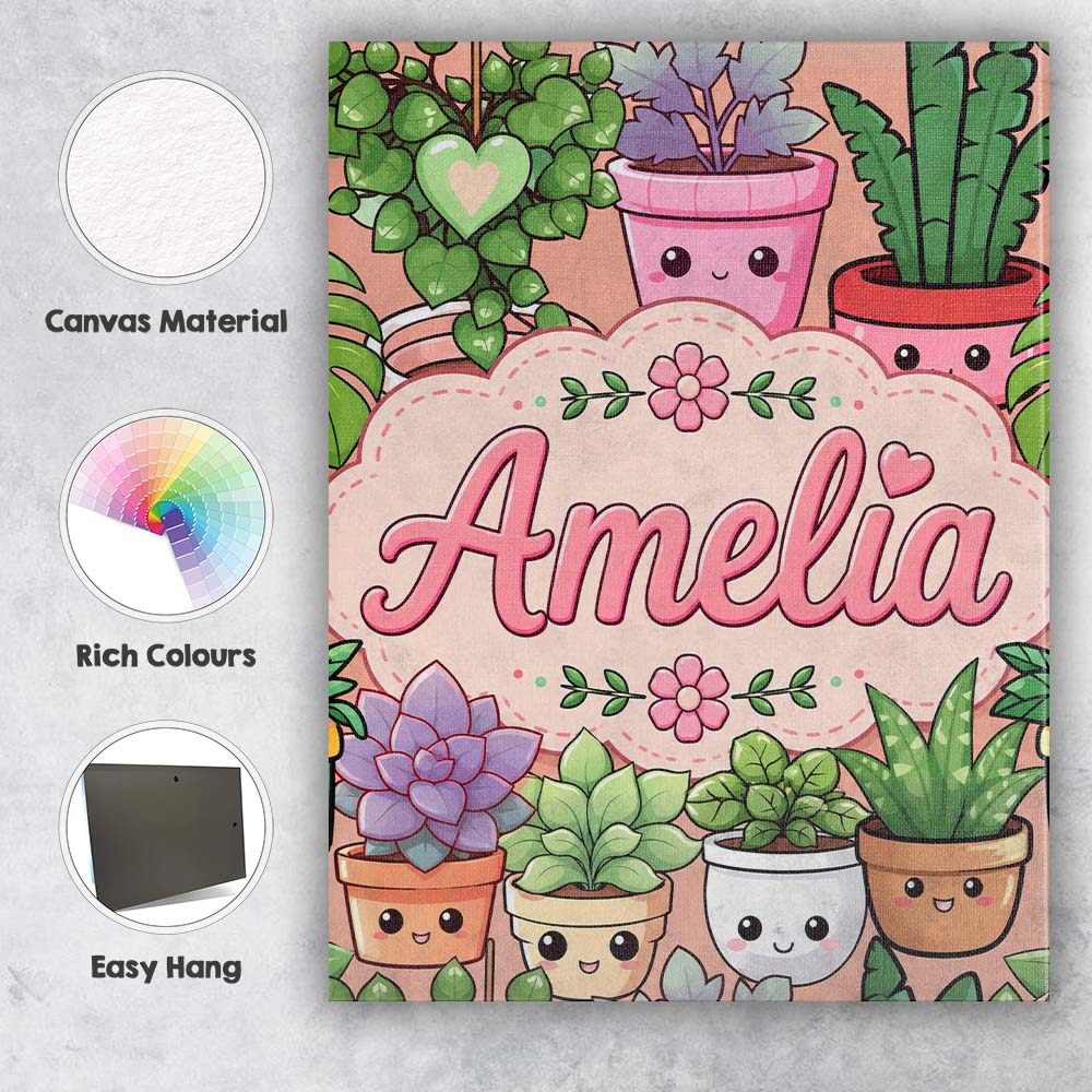 Personalised Name Cute Kawaii Indoor Plants Custom  Bespoke Interior Contemporary Canvas Wall Art Print Decor Picture Ready to Hang