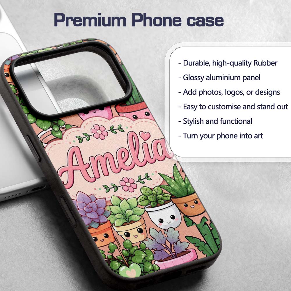 Cute Kawaii Indoor Plants Beige Printed Design Custom Name Protective Phone Case Mobile Cover Durable Everyday Smartphone Shock Resistant