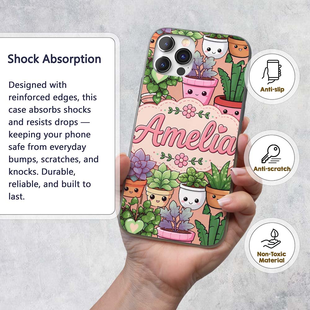 Cute Kawaii Indoor Plants Beige Printed Design Custom Name Protective Phone Case Mobile Cover Durable Everyday Smartphone Shock Resistant