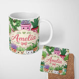 Personalized Custom Name Cute Kawaii Indoor Plants Cream Background Seamless Pattern Name 11oz Ceramic Coffee Tea Mug White Large Handle