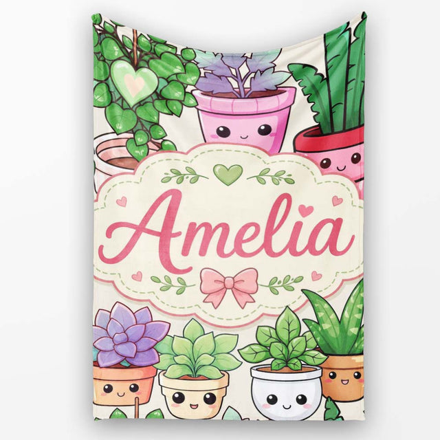 Cute Kawaii Indoor Plants Cream Background Seamless Pattern Name  Personalised Custom Name Super Soft Fleece Blanket Bed Sofa Throw