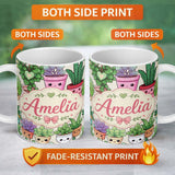 Personalized Custom Name Cute Kawaii Indoor Plants Cream Background Seamless Pattern Name 11oz Ceramic Coffee Tea Mug White Large Handle