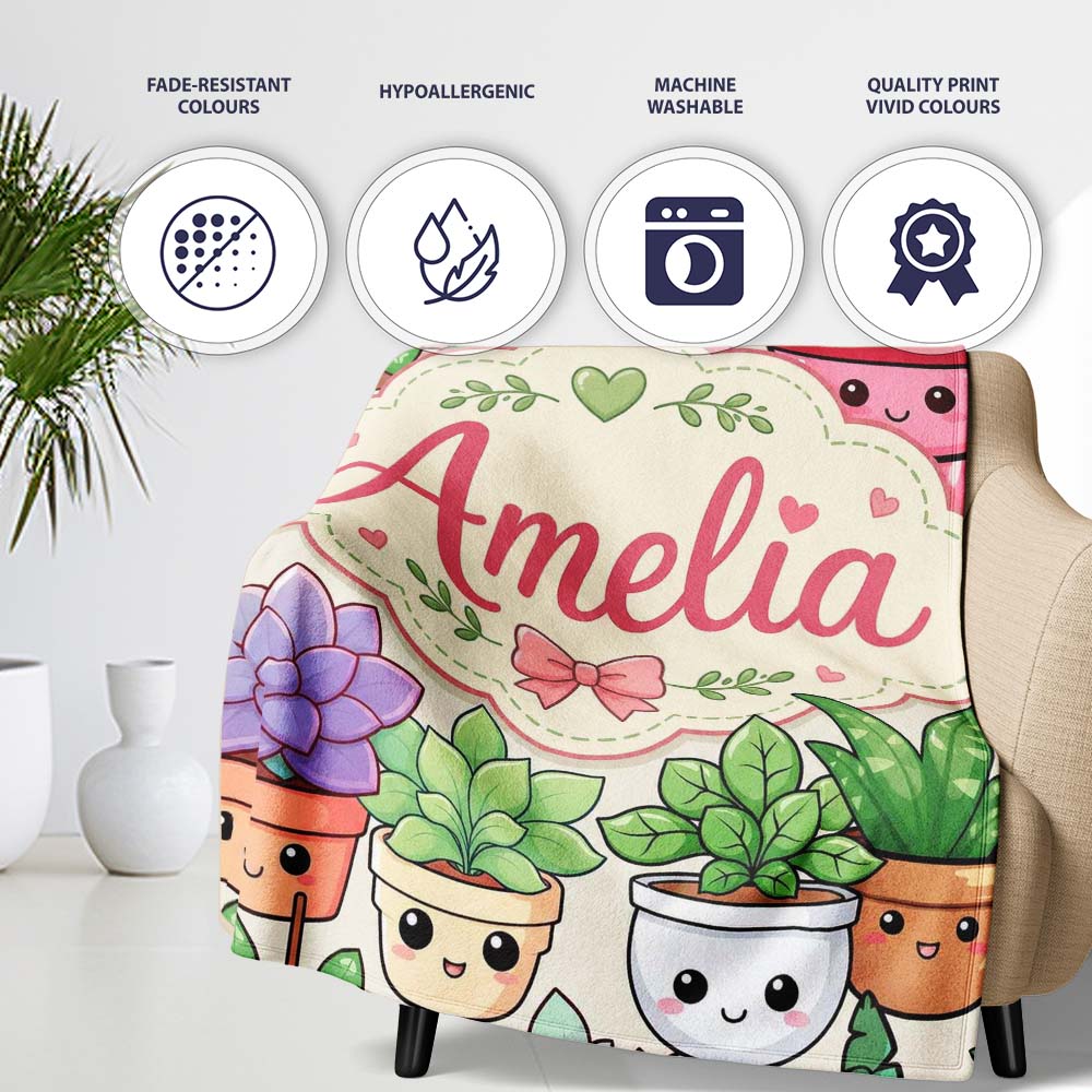 Cute Kawaii Indoor Plants Cream Background Seamless Pattern Name  Personalised Custom Name Super Soft Fleece Blanket Bed Sofa Throw