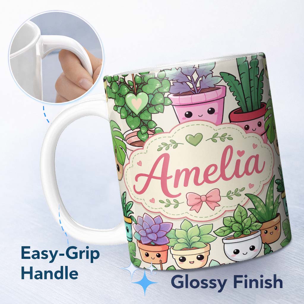 Personalized Custom Name Cute Kawaii Indoor Plants Cream Background Seamless Pattern Name 11oz Ceramic Coffee Tea Mug White Large Handle