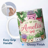 Personalized Custom Name Cute Kawaii Indoor Plants Cream Background Seamless Pattern Name 11oz Ceramic Coffee Tea Mug White Large Handle