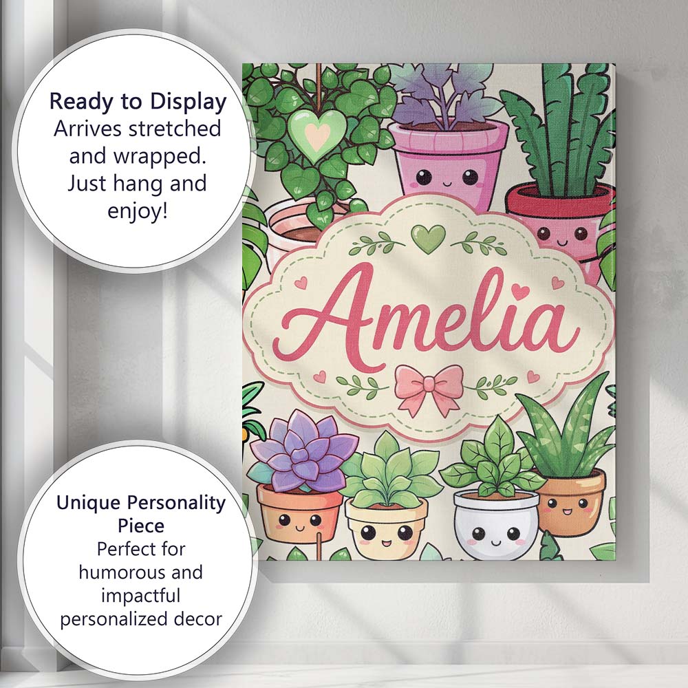 Personalised Name Cute Kawaii Indoor Plants Custom  Bespoke Interior Contemporary Canvas Wall Art Print Decor Picture Ready to Hang
