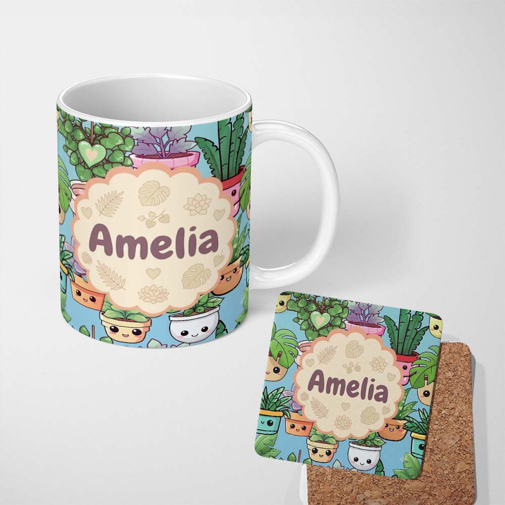 Personalized Custom Name Cute Kawaii Indoor Plants Mint Background Seamless Pattern Name 11oz Ceramic Coffee Tea Mug White Large Handle