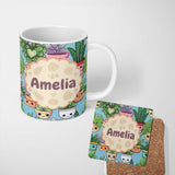 Personalized Custom Name Cute Kawaii Indoor Plants Mint Background Seamless Pattern Name 11oz Ceramic Coffee Tea Mug White Large Handle