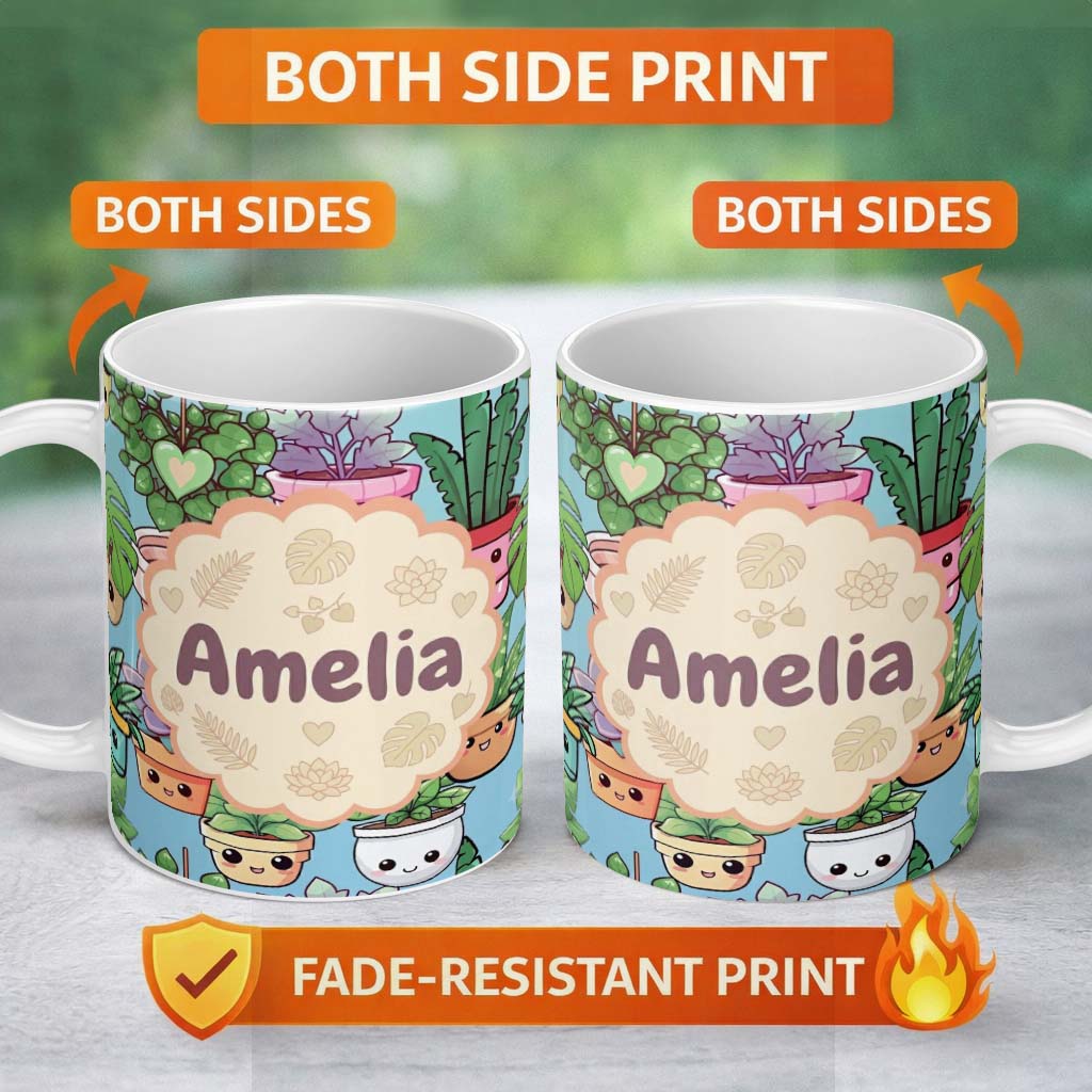 Personalized Custom Name Cute Kawaii Indoor Plants Mint Background Seamless Pattern Name 11oz Ceramic Coffee Tea Mug White Large Handle