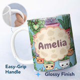 Personalized Custom Name Cute Kawaii Indoor Plants Mint Background Seamless Pattern Name 11oz Ceramic Coffee Tea Mug White Large Handle