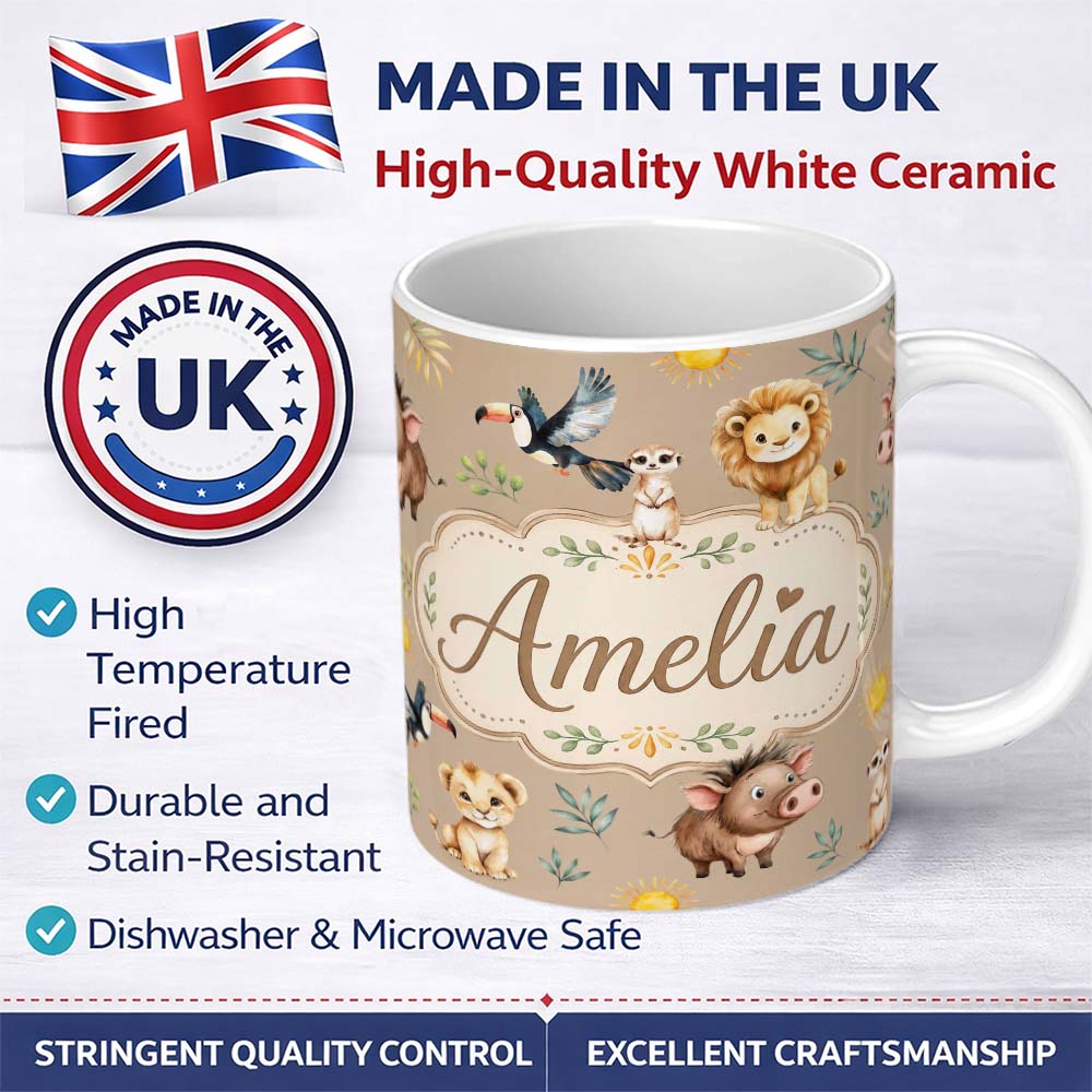 Personalized Custom Name Jungle Animals Lion Meerkat Toucan Boar on Warm Beige Seamless 11oz Ceramic Coffee Tea Mug White Large Handle