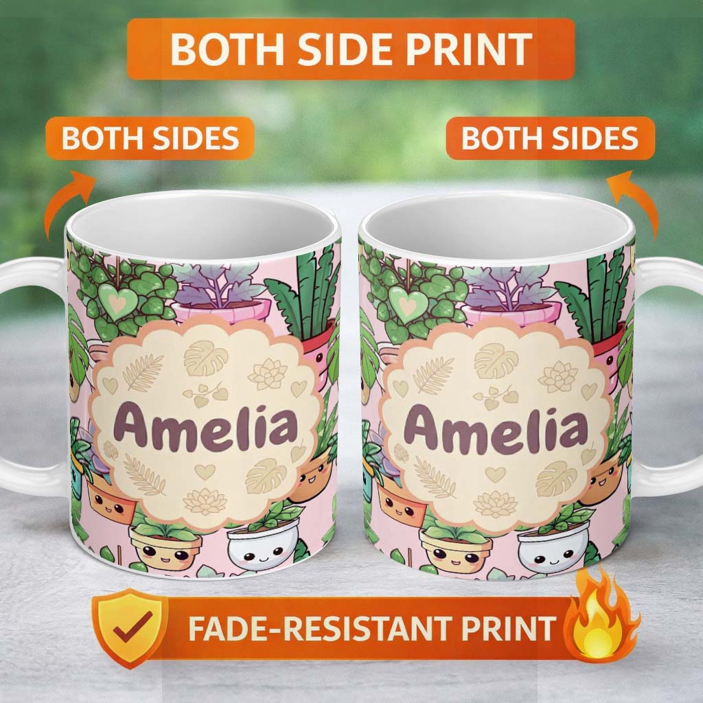 Personalized Custom Name Cute Kawaii Indoor Plants Soft Beige Background Seamless Pattern 11oz Ceramic Coffee Tea Mug White Large Handle