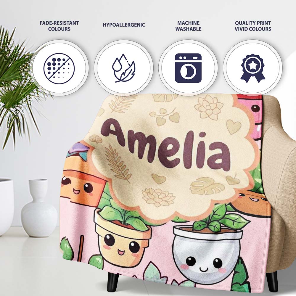 Cute Kawaii Indoor Plants Soft Beige Background Seamless Pattern  Personalised Custom Name Super Soft Fleece Blanket Bed Sofa Throw