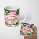 Personalized Custom Name Cute Kawaii Indoor Plants Blush Pink Background Seamless Pattern 11oz Ceramic Coffee Tea Mug White Large Handle