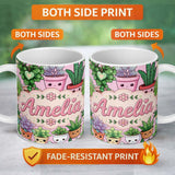 Personalized Custom Name Cute Kawaii Indoor Plants Blush Pink Background Seamless Pattern 11oz Ceramic Coffee Tea Mug White Large Handle