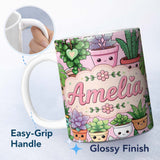 Personalized Custom Name Cute Kawaii Indoor Plants Blush Pink Background Seamless Pattern 11oz Ceramic Coffee Tea Mug White Large Handle