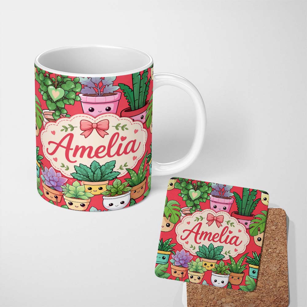 Personalized Custom Name Cute Kawaii Indoor Plants Bright Red Background Seamless Pattern 11oz Ceramic Coffee Tea Mug White Large Handle