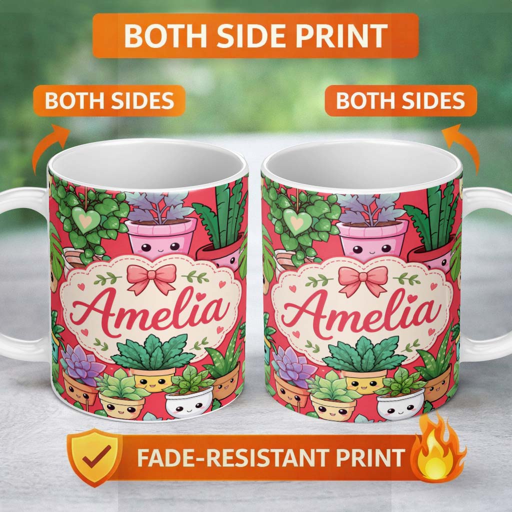 Personalized Custom Name Cute Kawaii Indoor Plants Bright Red Background Seamless Pattern 11oz Ceramic Coffee Tea Mug White Large Handle