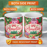 Personalized Custom Name Cute Kawaii Indoor Plants Bright Red Background Seamless Pattern 11oz Ceramic Coffee Tea Mug White Large Handle