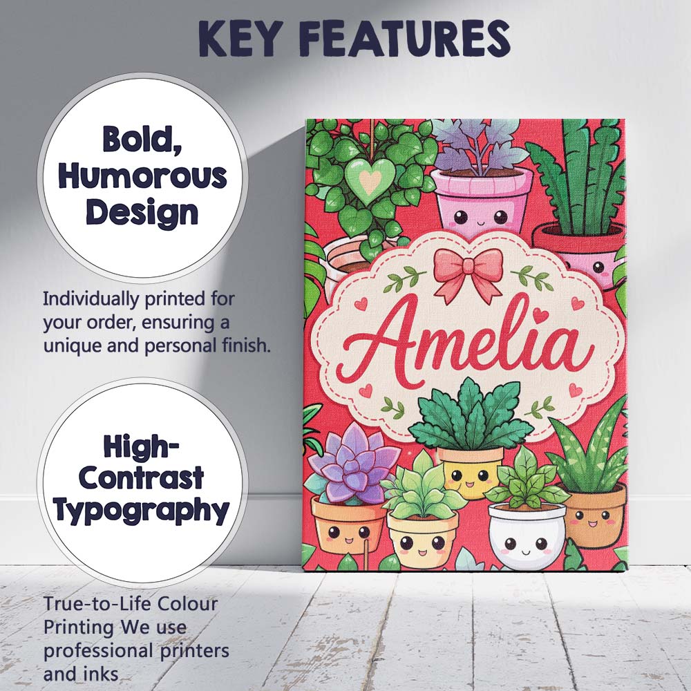 Personalised Name Cute Kawaii Indoor Plants Custom  Bespoke Interior Contemporary Canvas Wall Art Print Decor Picture Ready to Hang