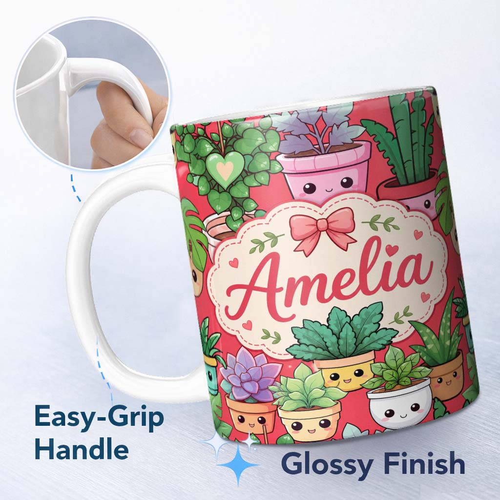Personalized Custom Name Cute Kawaii Indoor Plants Bright Red Background Seamless Pattern 11oz Ceramic Coffee Tea Mug White Large Handle