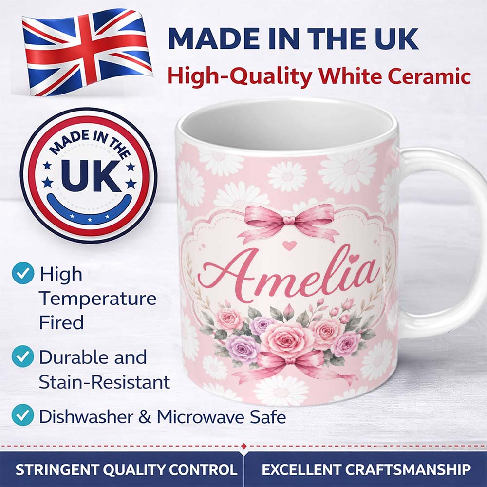 Personalized Custom Name White Daisy Floral Pattern on Soft Blush Pink Background Seamless 11oz Ceramic Coffee Tea Mug White Large Handle
