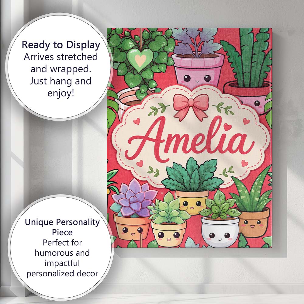 Personalised Name Cute Kawaii Indoor Plants Custom  Bespoke Interior Contemporary Canvas Wall Art Print Decor Picture Ready to Hang
