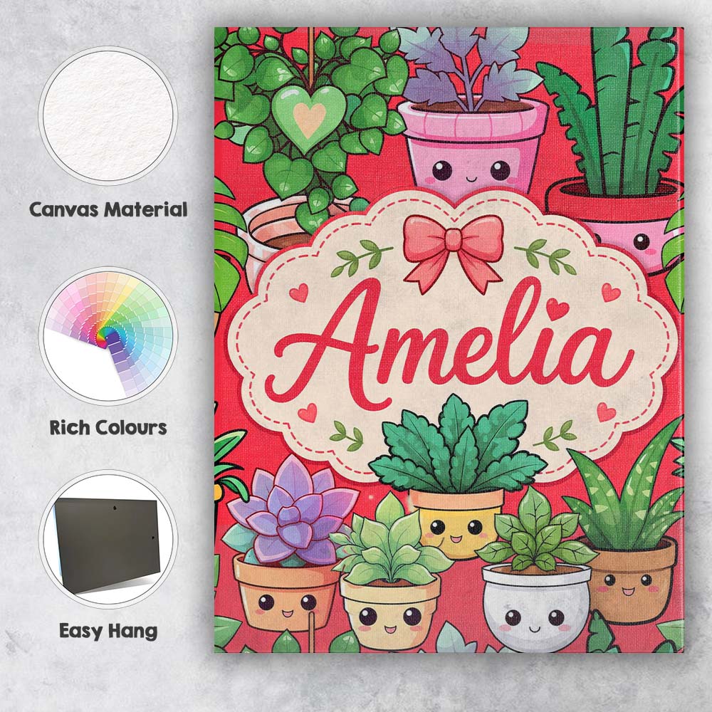Personalised Name Cute Kawaii Indoor Plants Custom  Bespoke Interior Contemporary Canvas Wall Art Print Decor Picture Ready to Hang