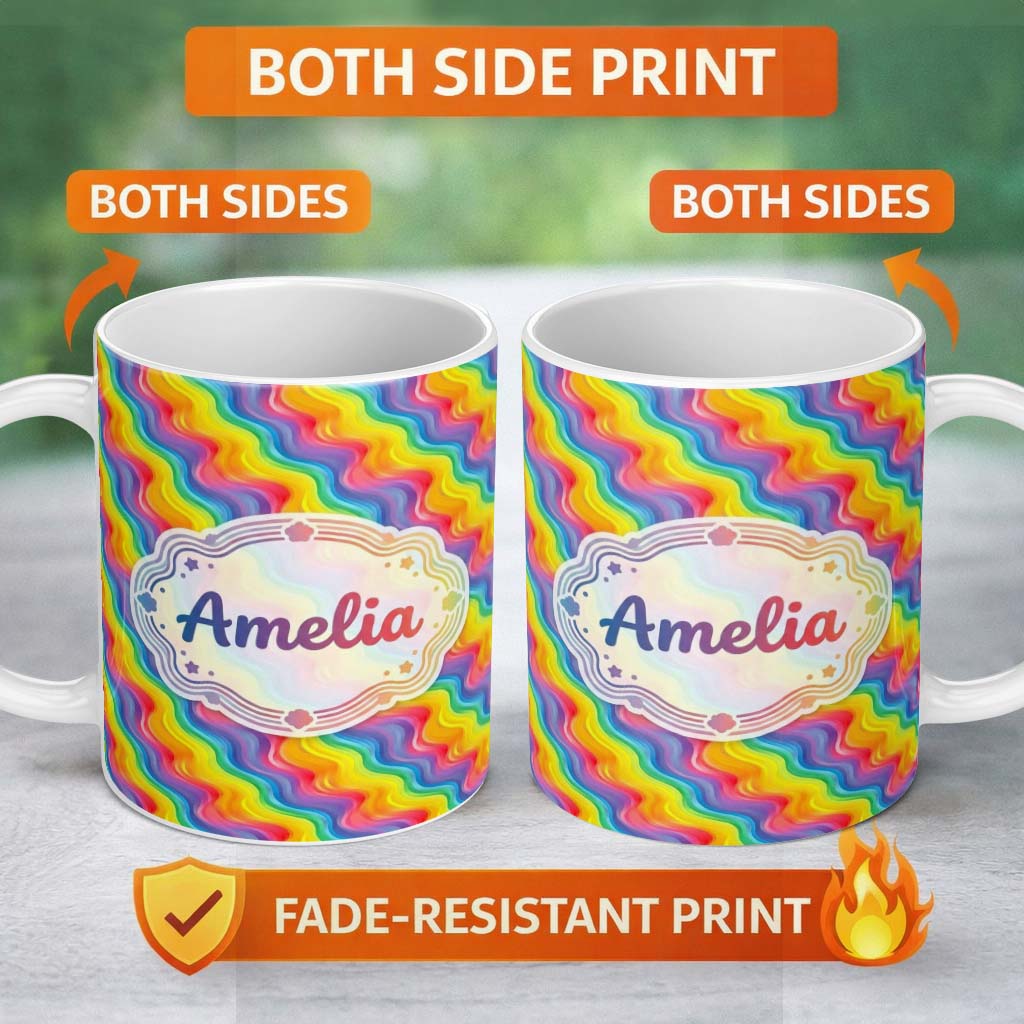 Personalized Custom Name Bright Rainbow Wavy Stripes Seamless Pattern Cute Unique Gift Lovely 11oz Ceramic Coffee Tea Mug White Large Handle