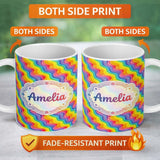 Personalized Custom Name Bright Rainbow Wavy Stripes Seamless Pattern Cute Unique Gift Lovely 11oz Ceramic Coffee Tea Mug White Large Handle