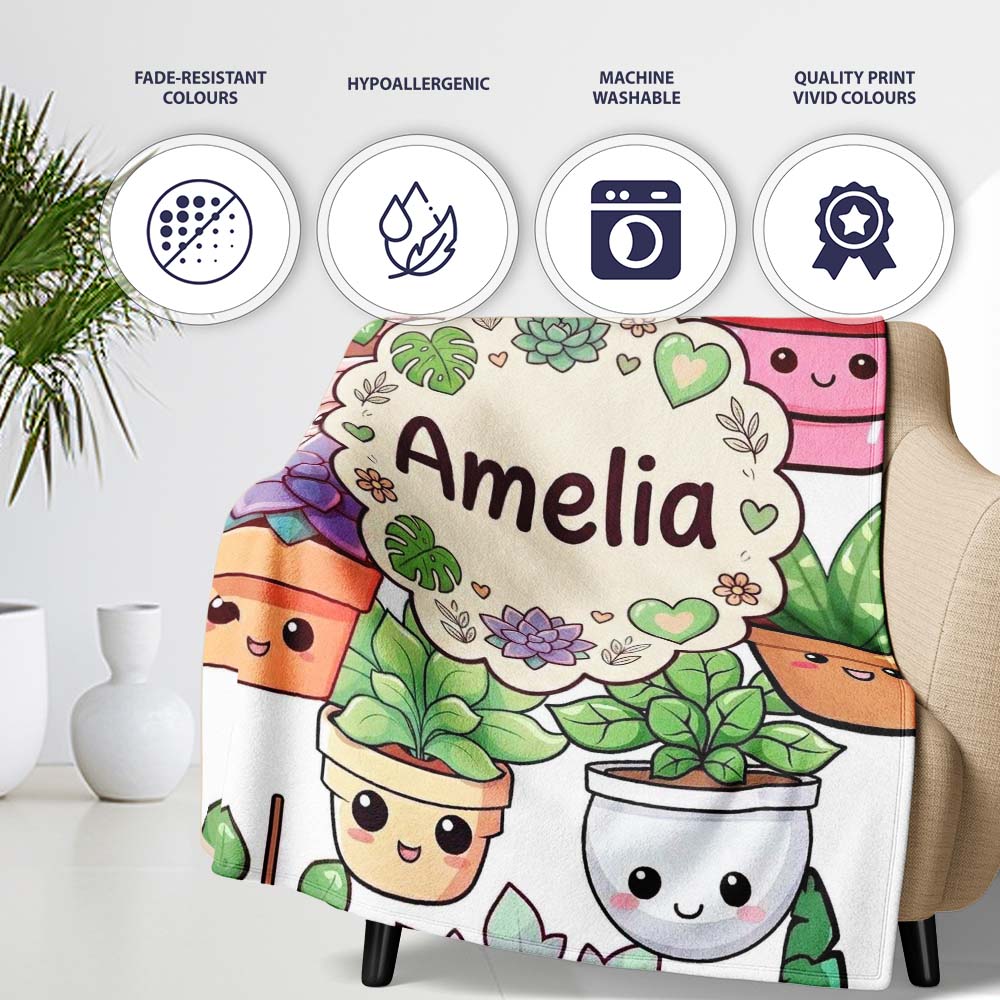 Cute Kawaii Indoor Plants Light Grey Background Seamless Pattern  Personalised Custom Name Super Soft Fleece Blanket Bed Sofa Throw