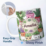 Personalized Custom Name Cute Kawaii Indoor Plants Light Grey Background Seamless Pattern 11oz Ceramic Coffee Tea Mug White Large Handle