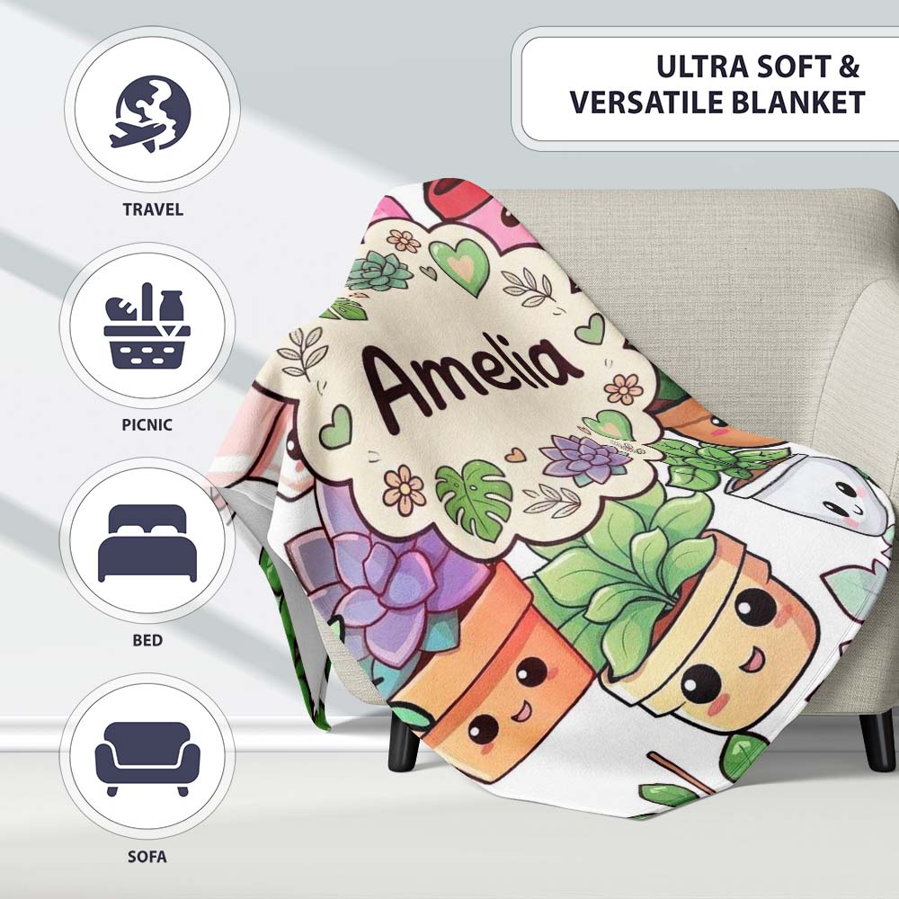 Cute Kawaii Indoor Plants Light Grey Background Seamless Pattern  Personalised Custom Name Super Soft Fleece Blanket Bed Sofa Throw