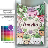 Cute Kawaii Indoor Plants Light Grey Background Seamless Pattern  Personalised Custom Name Super Soft Fleece Blanket Bed Sofa Throw