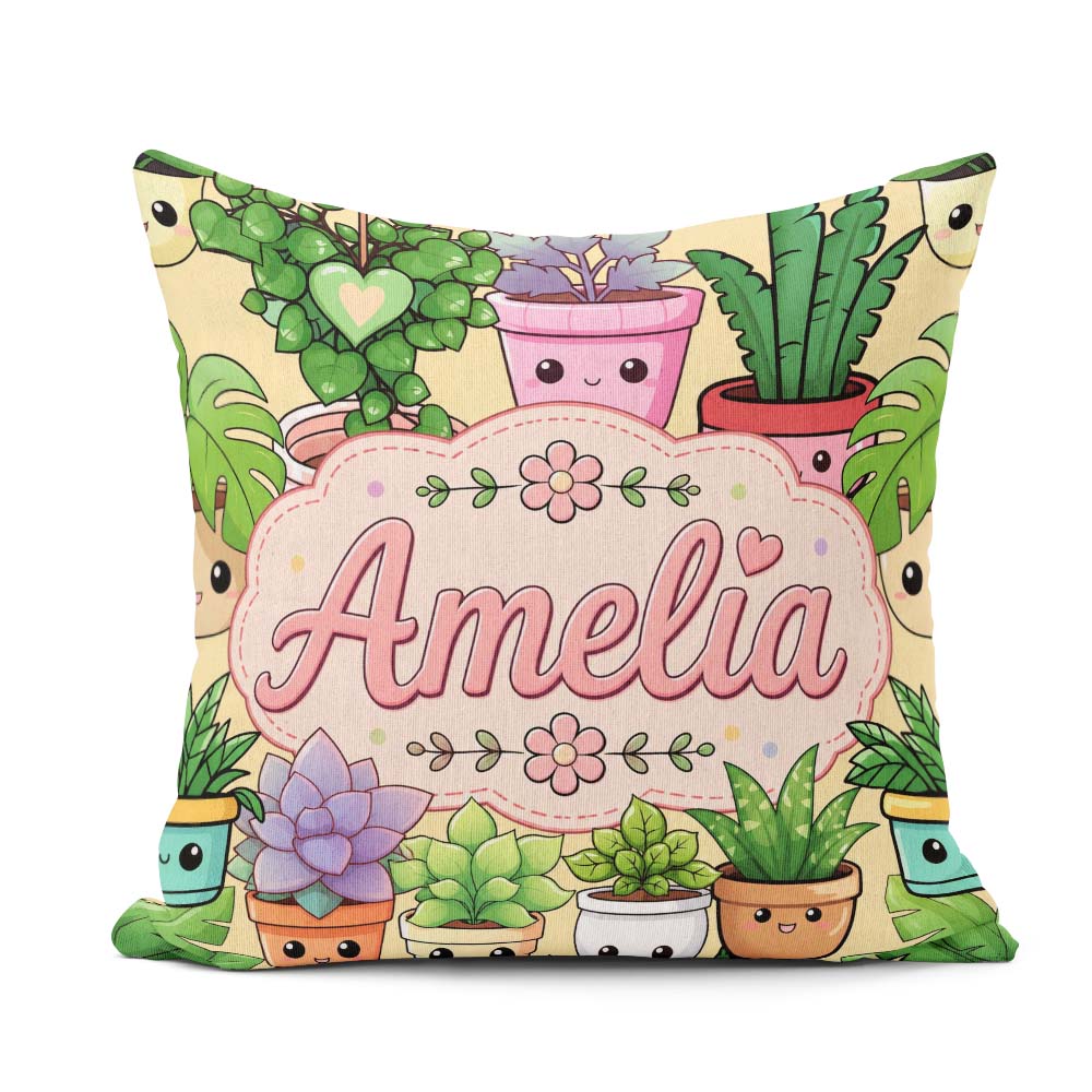 Custom Name Kawaii Indoor Plants Warm Yellow Background Seamless Square Filled Cushion Throw Pillow Sofa Bed Home Decor Zip Washable UK Made