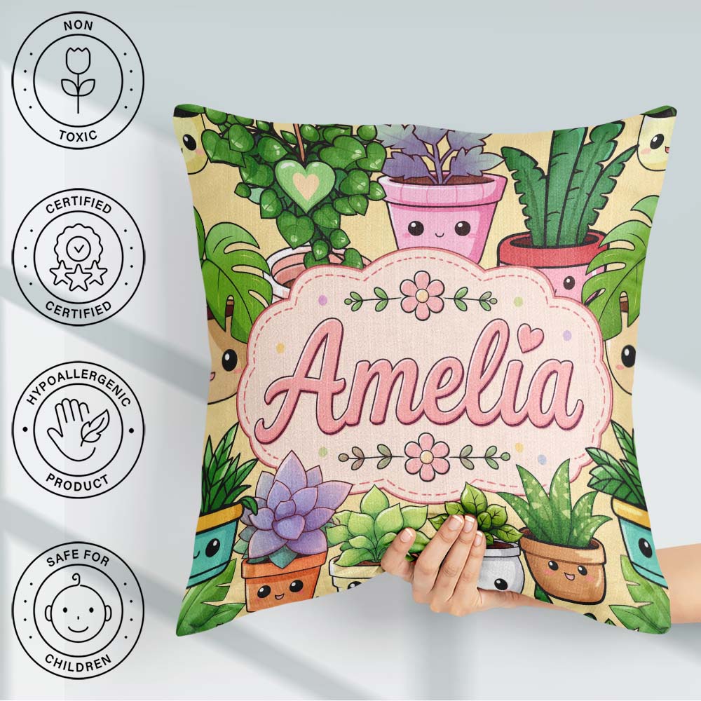 Custom Name Kawaii Indoor Plants Warm Yellow Background Seamless Square Filled Cushion Throw Pillow Sofa Bed Home Decor Zip Washable UK Made