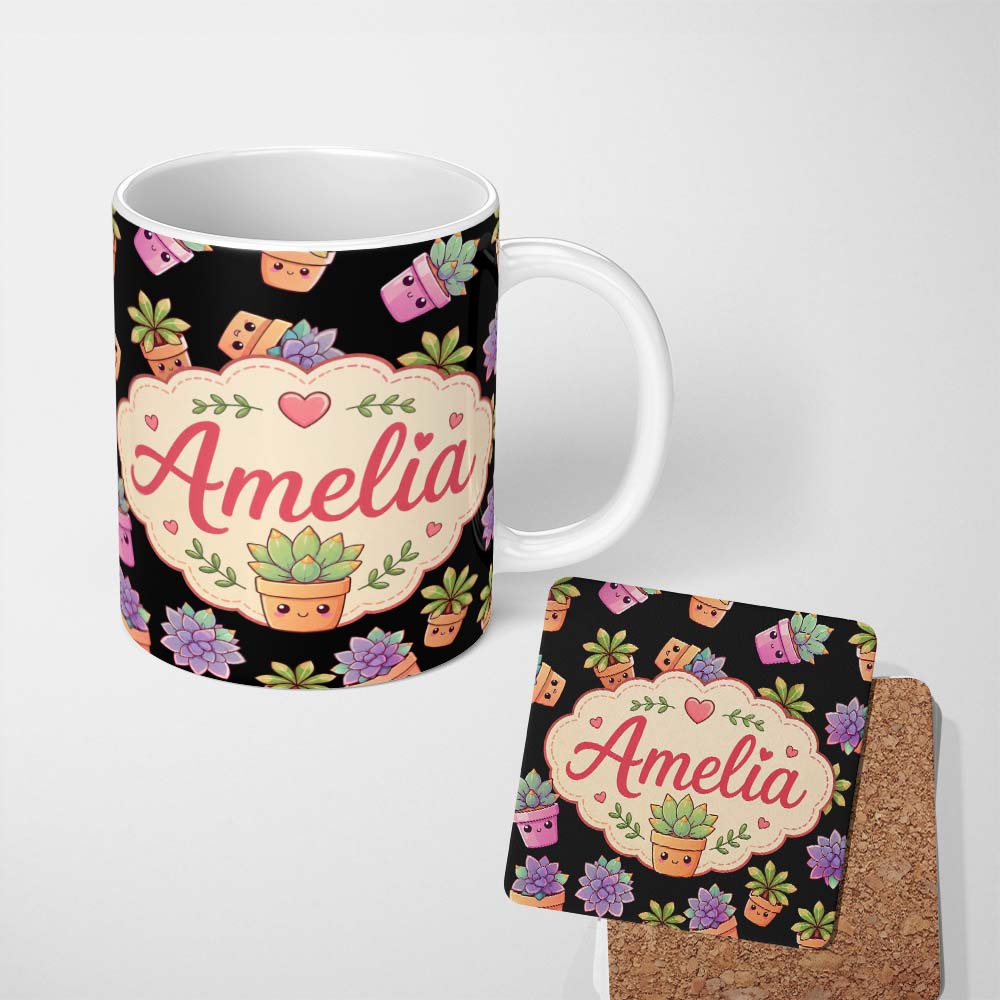 Personalized Custom Name Cute Kawaii Succulent Plants Black Background Seamless Pattern 11oz Ceramic Coffee Tea Mug White Large Handle