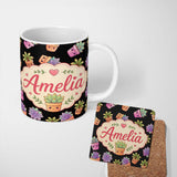 Personalized Custom Name Cute Kawaii Succulent Plants Black Background Seamless Pattern 11oz Ceramic Coffee Tea Mug White Large Handle