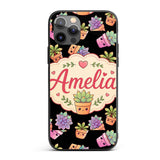 Cute Kawaii Succulent Plants Black Background Custom Name Protective Phone Case Mobile Cover Durable Everyday Smartphone Shock Resistant