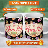 Personalized Custom Name Cute Kawaii Succulent Plants Black Background Seamless Pattern 11oz Ceramic Coffee Tea Mug White Large Handle