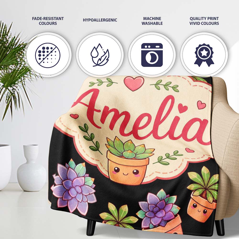 Cute Kawaii Succulent Plants Black Background Seamless Pattern  Personalised Custom Name Super Soft Fleece Blanket Bed Sofa Throw