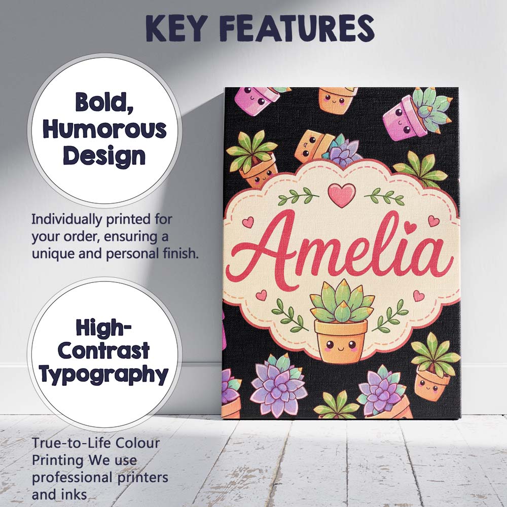 Personalised Name Cute Kawaii Succulent Custom  Modern Room Accent Elegant Feature Canvas Wall Art Print Decor Picture Ready to Hang