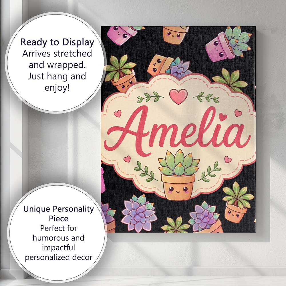 Personalised Name Cute Kawaii Succulent Custom  Modern Room Accent Elegant Feature Canvas Wall Art Print Decor Picture Ready to Hang