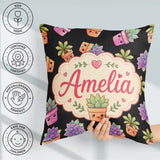 Custom Name Cute Kawaii Plants Black Background Seamless Pattern Square Filled Cushion Throw Pillow Sofa Bed Home Decor Zip Washable UK Made
